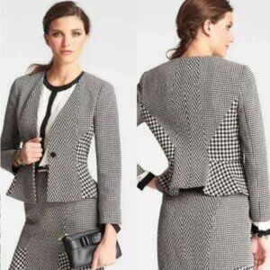 Ann Taylor Women's Black White Plaid Houndstooth Wool Blend Skirt Suit 12 NWT